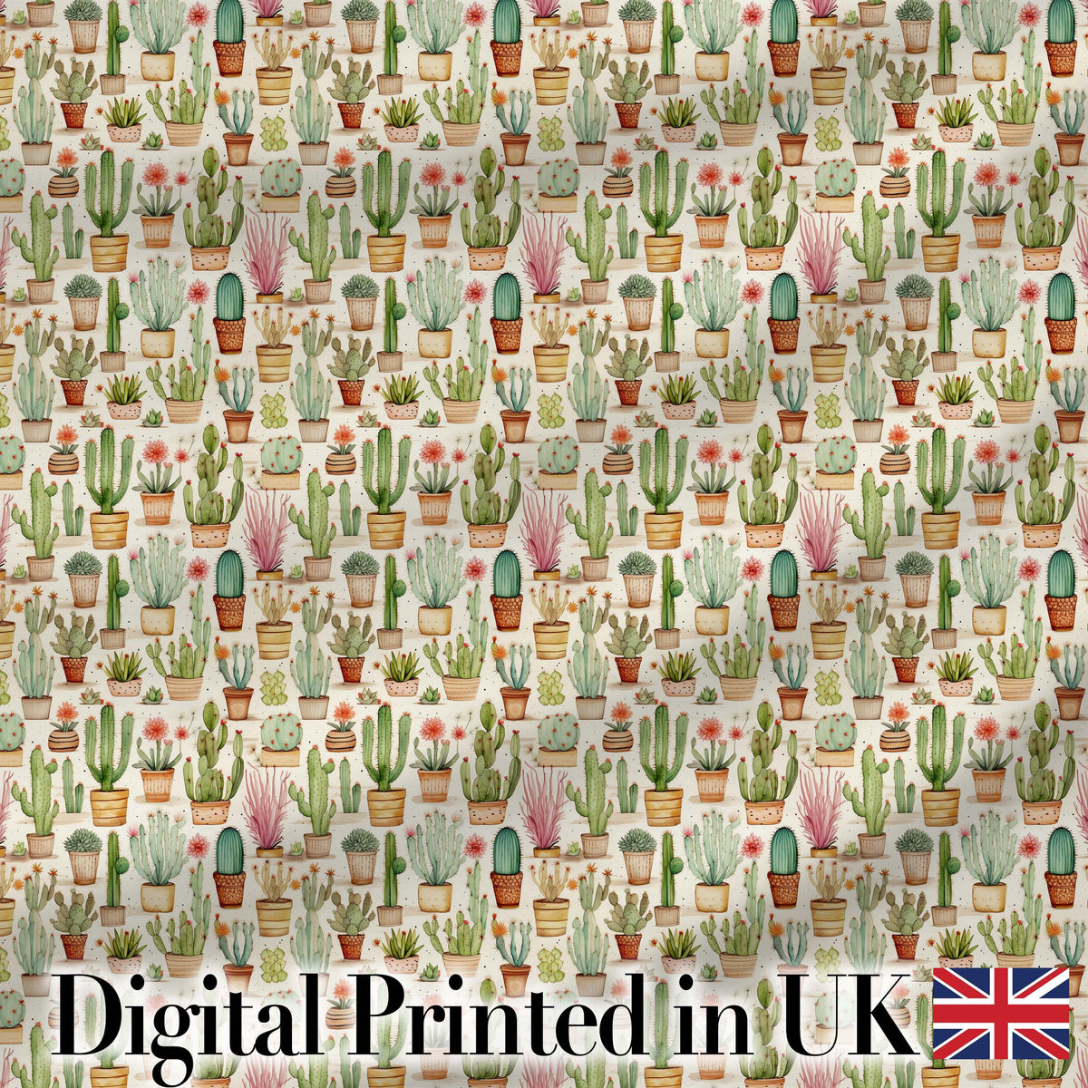 Hand Drawn Potted Succulents Cactus Garden Seamless Pattern Digital Print Fabric by the Metre UK Sewing Quilting Textile Design