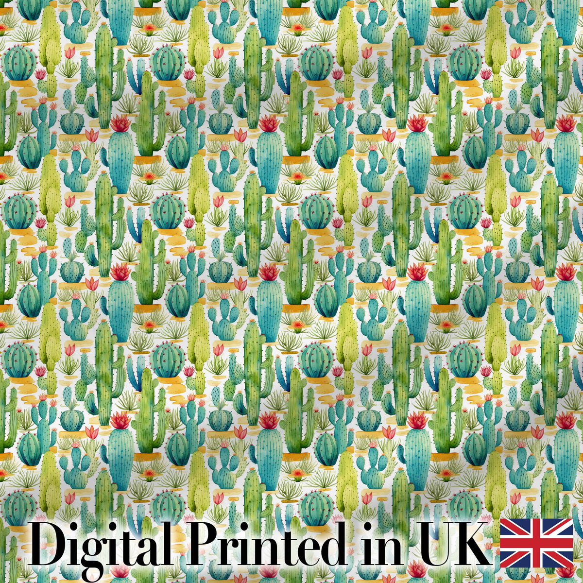 Colorful Desert Cactus Garden Watercolor Botanical Seamless Pattern Digital Print Fabric by the Metre UK Sewing Quilting Textile Design