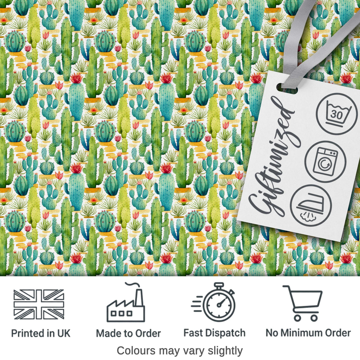 Colorful Desert Cactus Garden Watercolor Botanical Seamless Pattern Digital Print Fabric by the Metre UK Sewing Quilting Textile Design