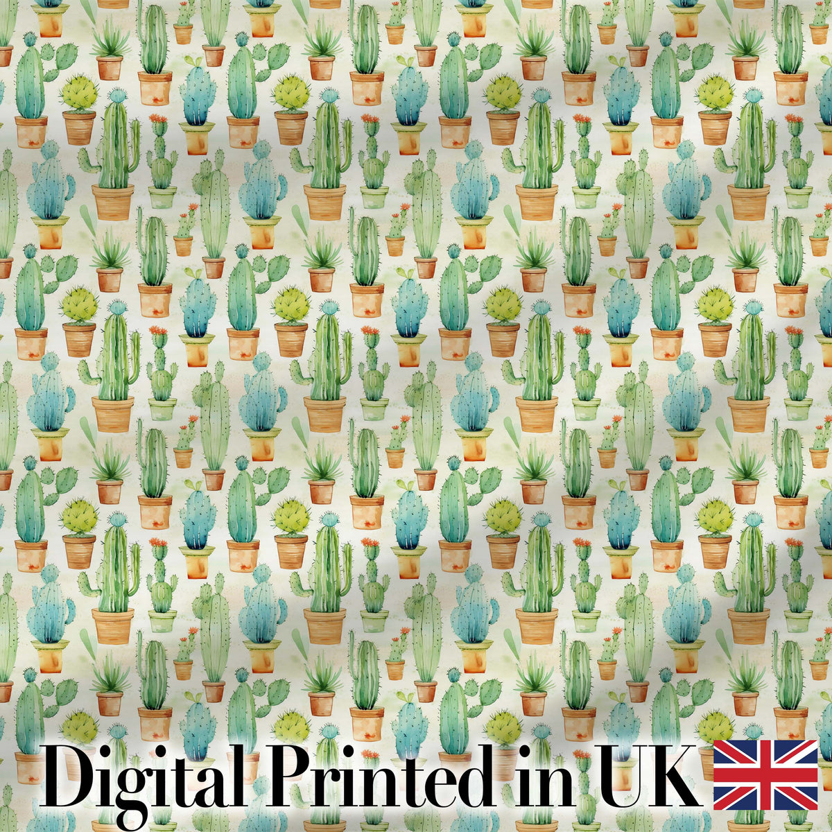 Soft Watercolor Potted Cactus Succulent Garden Seamless Pattern Digital Print Fabric by the Metre UK Sewing Quilting Textile Design