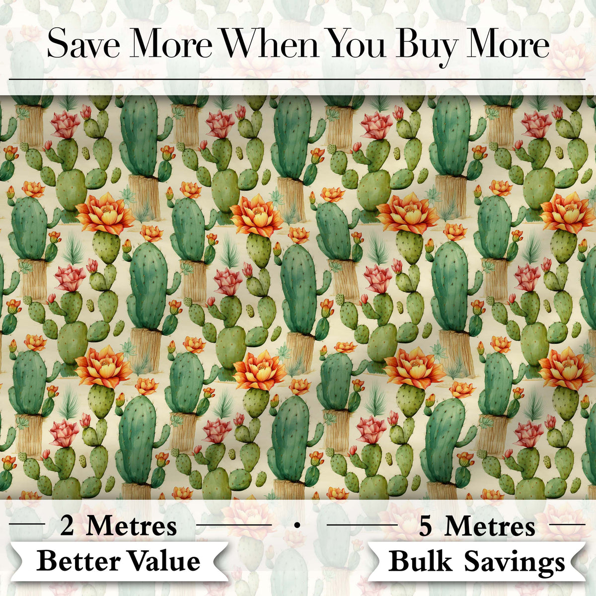 Elegant Blooming Cactus Floral Botanical Seamless Pattern Digital Print Fabric by the Metre UK Sewing Quilting Textile Design