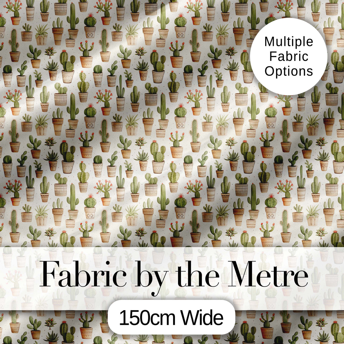 Neutral Tone Potted Cactus Succulent Botanical Seamless Pattern Digital Print Fabric by the Metre UK Sewing Quilting Textile Design
