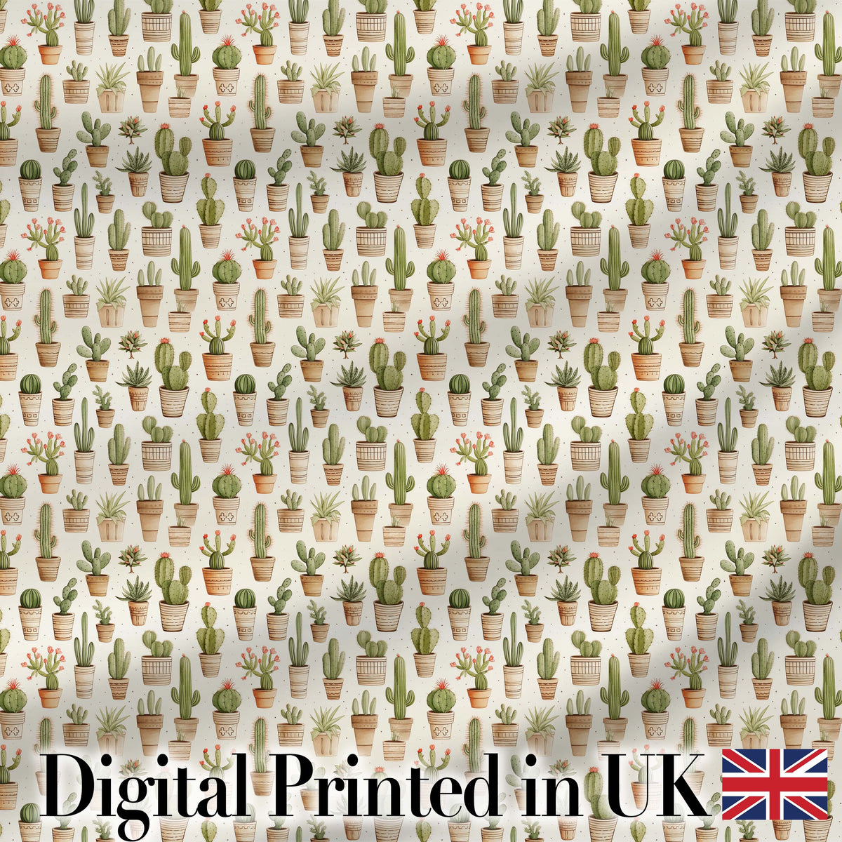 Neutral Tone Potted Cactus Succulent Botanical Seamless Pattern Digital Print Fabric by the Metre UK Sewing Quilting Textile Design