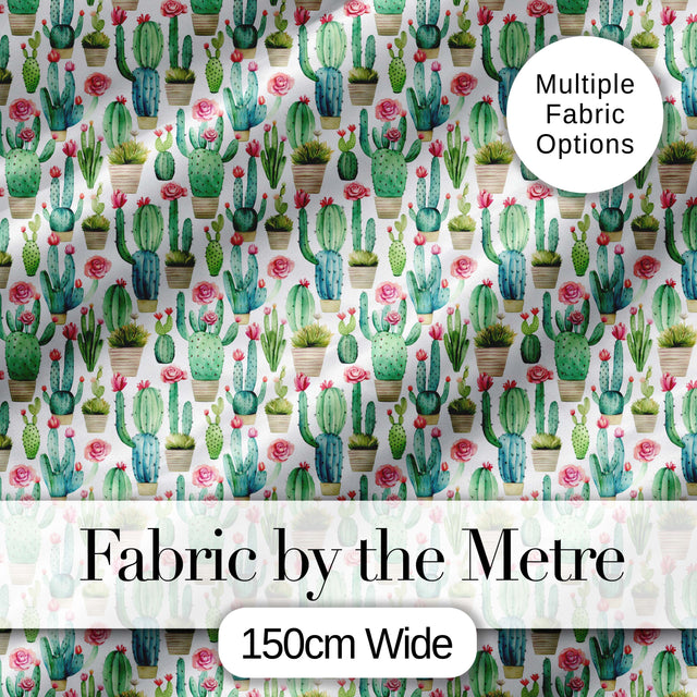 Fresh Green Cactus with Pink Flowers Watercolor Seamless Pattern Digital Print Fabric by the Metre UK Sewing Quilting Textile Design