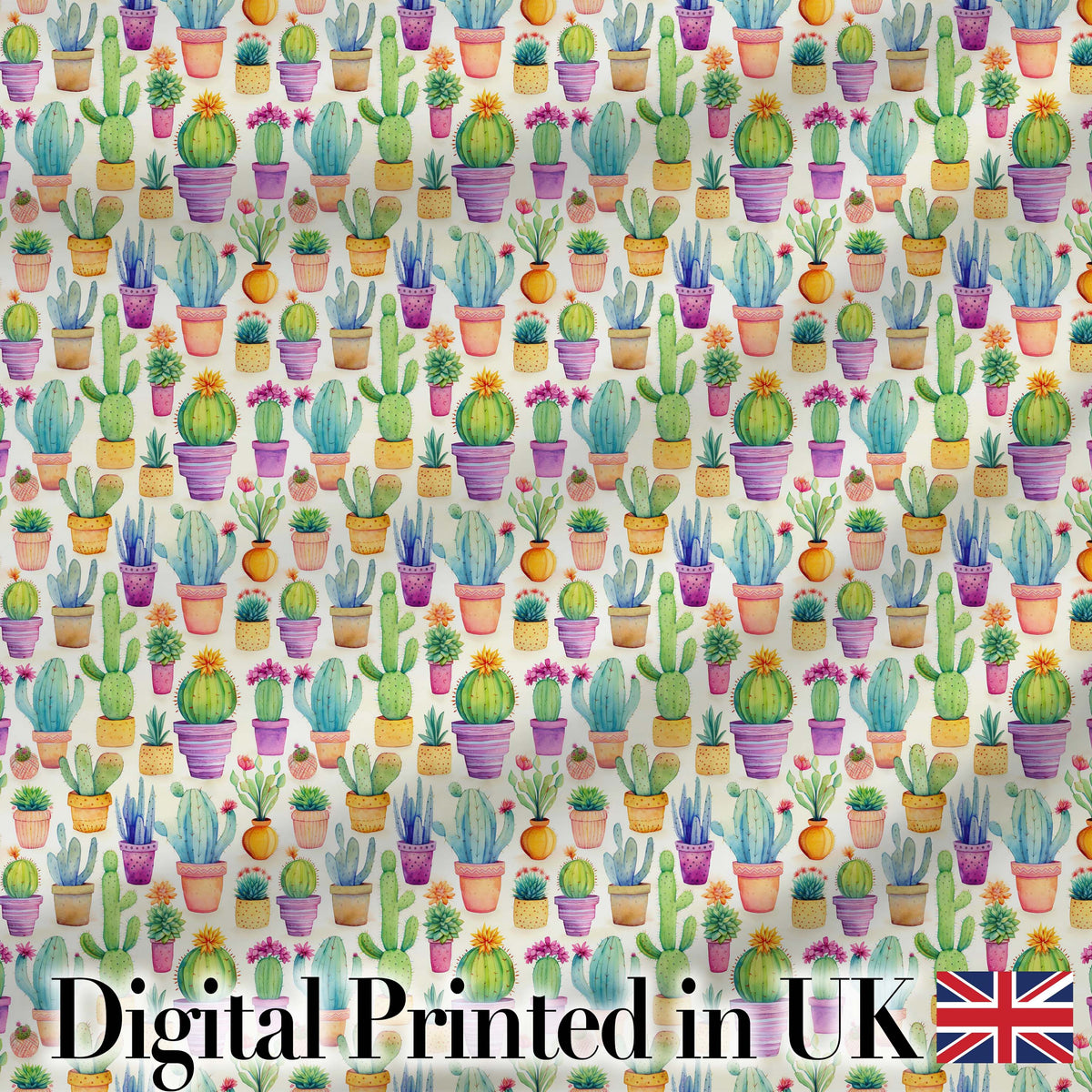 Colorful Pastel Cactus Succulent Garden Bright Seamless Pattern Digital Print Fabric by the Metre UK Sewing Quilting Textile Design