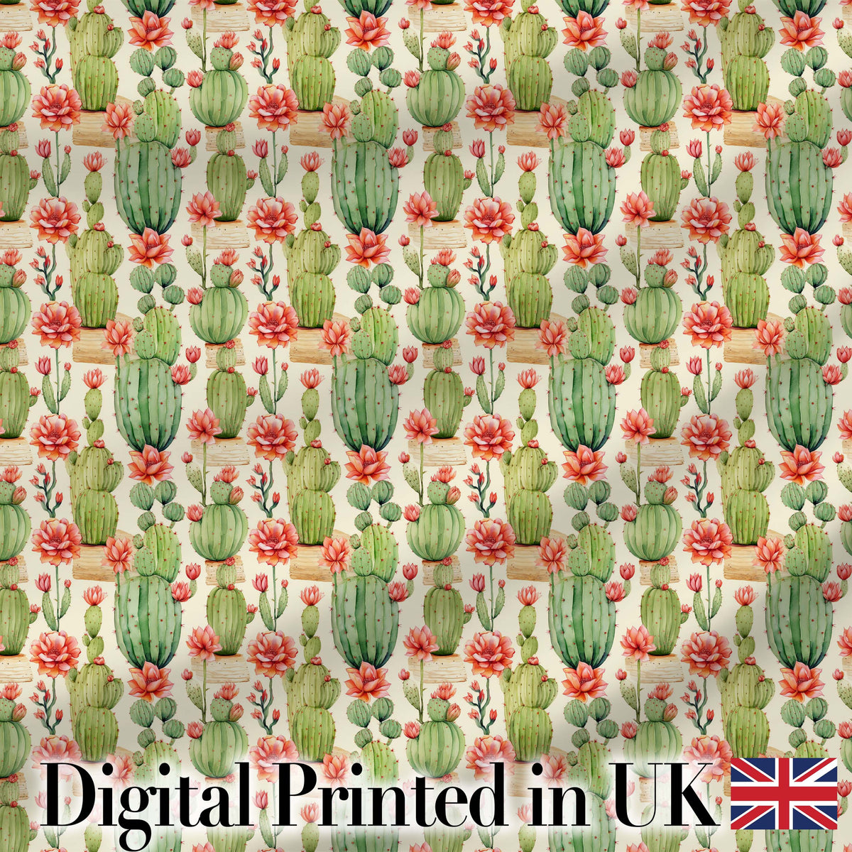 Blooming Desert Cactus with Orange Flowers Seamless Pattern Digital Print Fabric by the Metre UK Sewing Quilting Textile Design