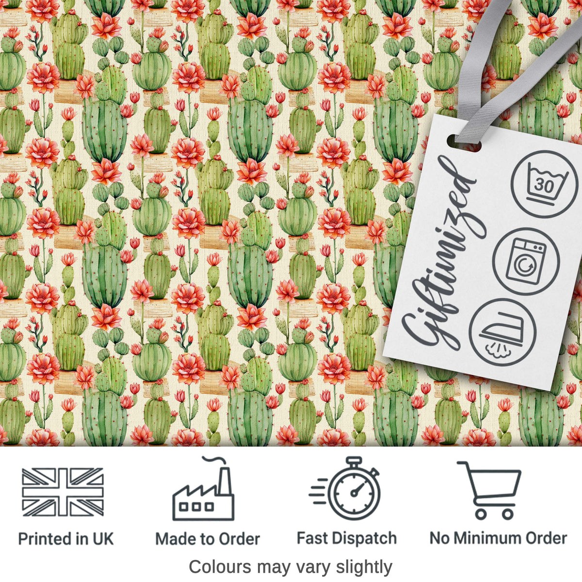 Blooming Desert Cactus with Orange Flowers Seamless Pattern Digital Print Fabric by the Metre UK Sewing Quilting Textile Design