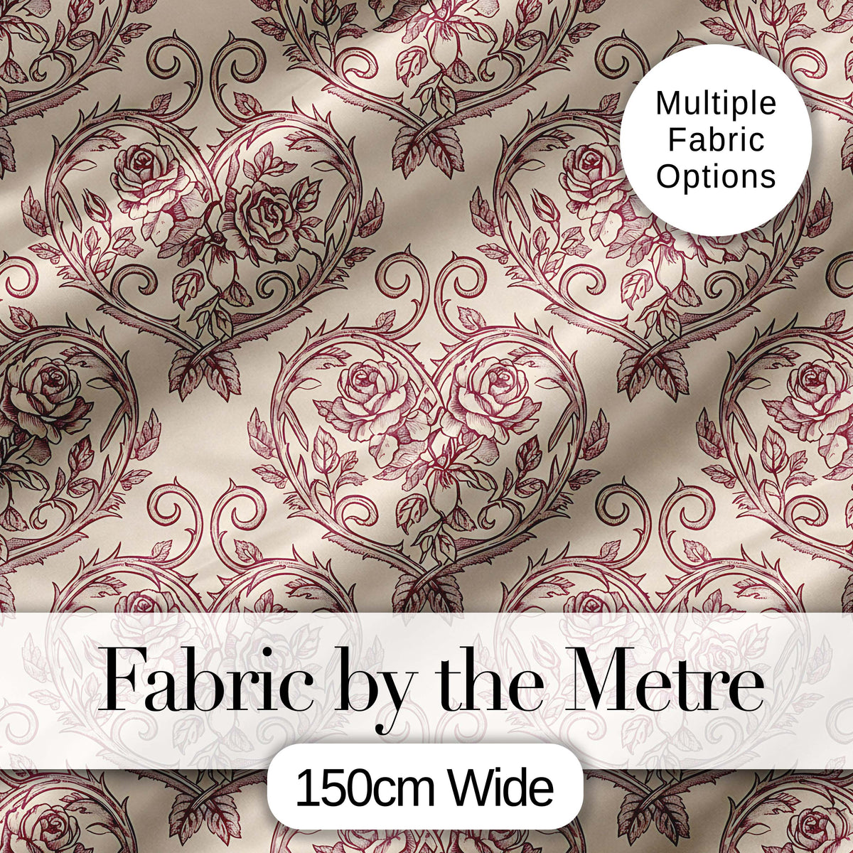 Vintage Rose Heart Scroll Ornamental Seamless Pattern Digital Print Fabric by the Metre UK Sewing Quilting Textile Design