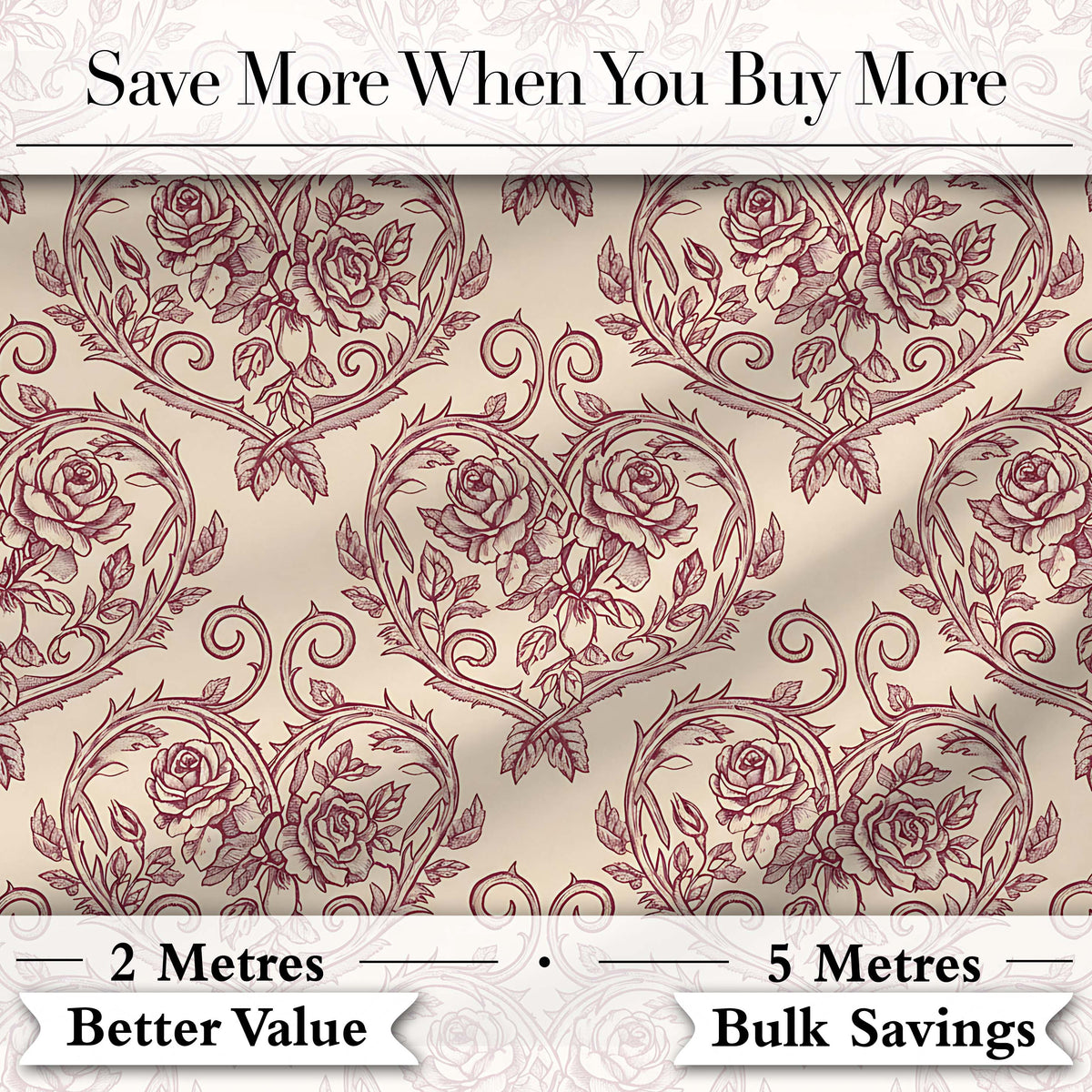 Vintage Rose Heart Scroll Ornamental Seamless Pattern Digital Print Fabric by the Metre UK Sewing Quilting Textile Design