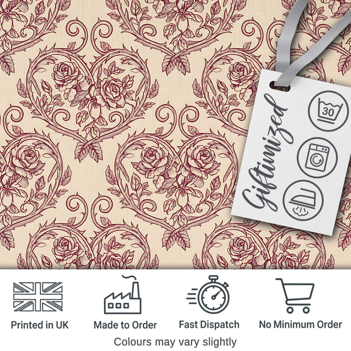 Vintage Rose Heart Scroll Ornamental Seamless Pattern Digital Print Fabric by the Metre UK Sewing Quilting Textile Design