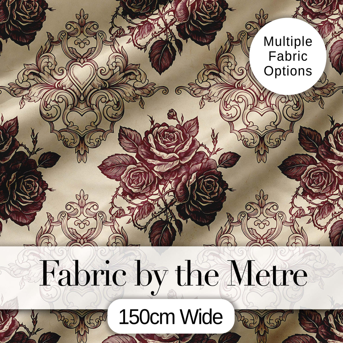 Classic Baroque Rose Damask Ornate Seamless Pattern Digital Print Fabric by the Metre UK Sewing Quilting Textile Design