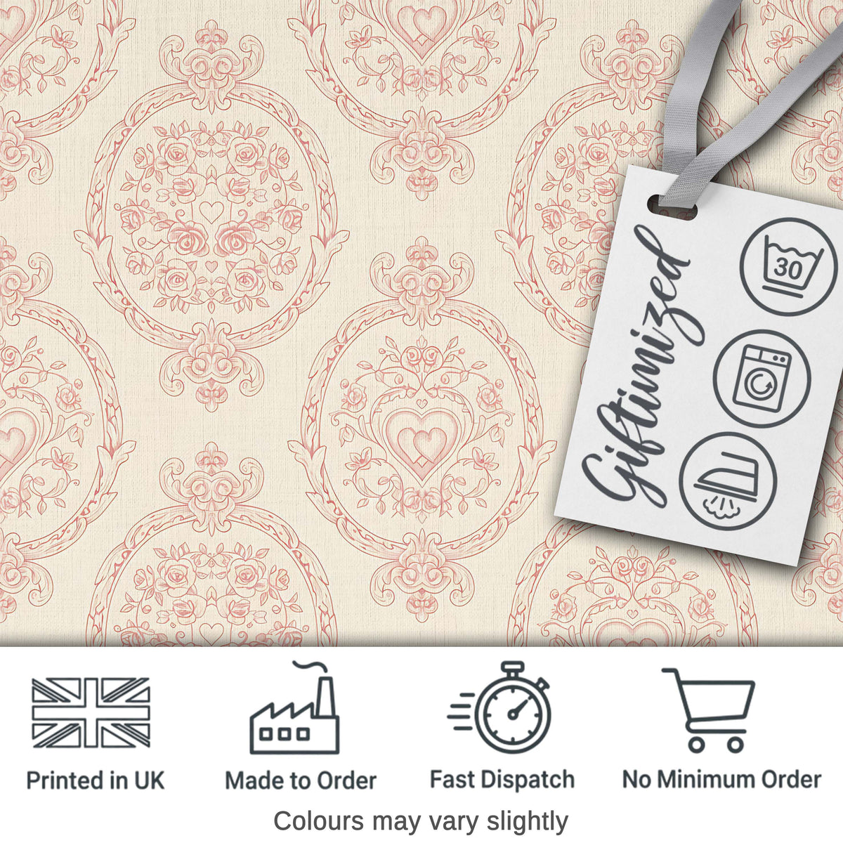 Elegant Vintage Heart Frame Floral Medallion Seamless Pattern Digital Print Fabric by the Metre UK Sewing Quilting Textile Design