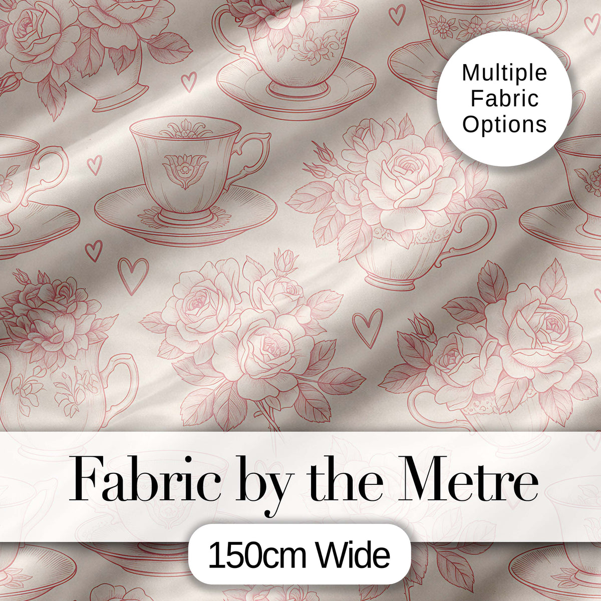 Delicate Rose Teacup Floral Romantic Seamless Pattern Digital Print Fabric by the Metre UK Sewing Quilting Textile Design