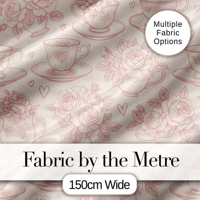 Delicate Rose Teacup Floral Romantic Seamless Pattern Digital Print Fabric by the Metre UK Sewing Quilting Textile Design