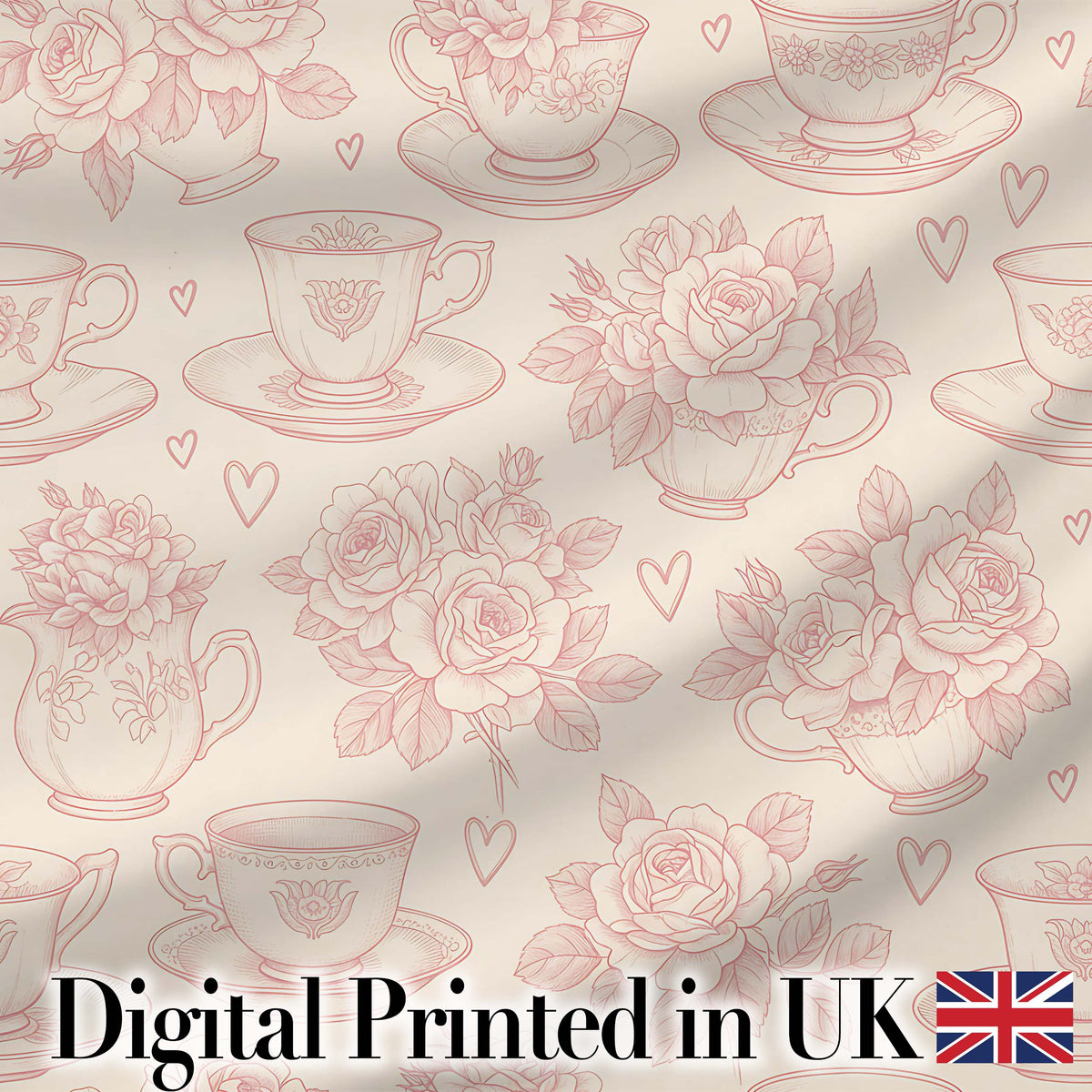Delicate Rose Teacup Floral Romantic Seamless Pattern Digital Print Fabric by the Metre UK Sewing Quilting Textile Design