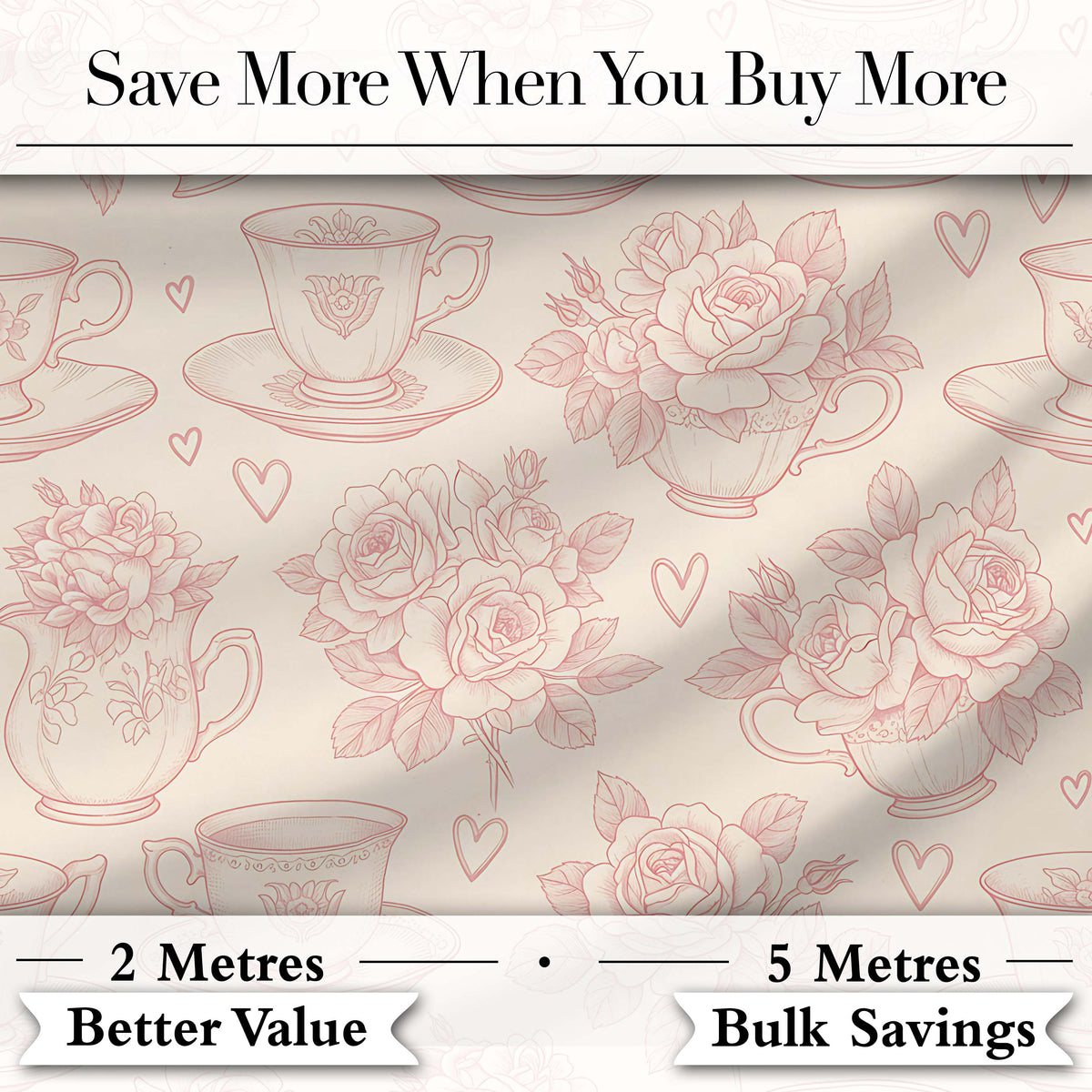 Delicate Rose Teacup Floral Romantic Seamless Pattern Digital Print Fabric by the Metre UK Sewing Quilting Textile Design