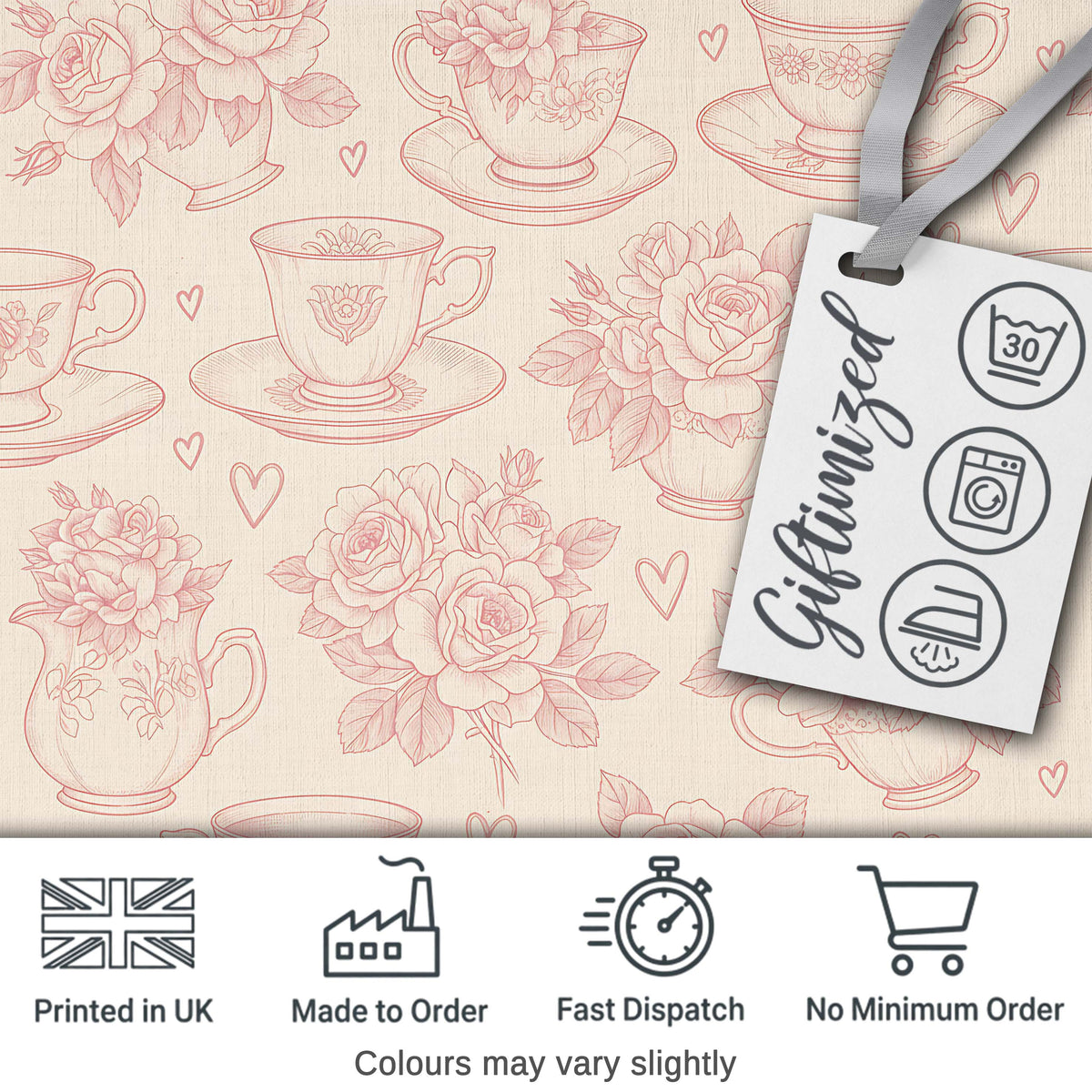 Delicate Rose Teacup Floral Romantic Seamless Pattern Digital Print Fabric by the Metre UK Sewing Quilting Textile Design