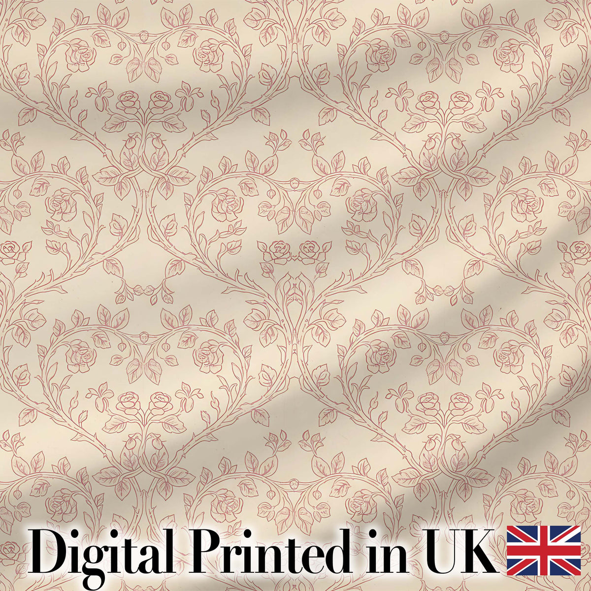Ornate Rose Heart Vine Romantic Seamless Pattern Digital Print Fabric by the Metre UK Sewing Quilting Textile Design