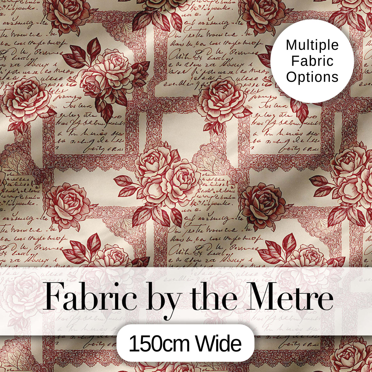 Vintage Rose Script Frame Elegant Seamless Pattern Digital Print Fabric by the Metre UK Sewing Quilting Textile Design