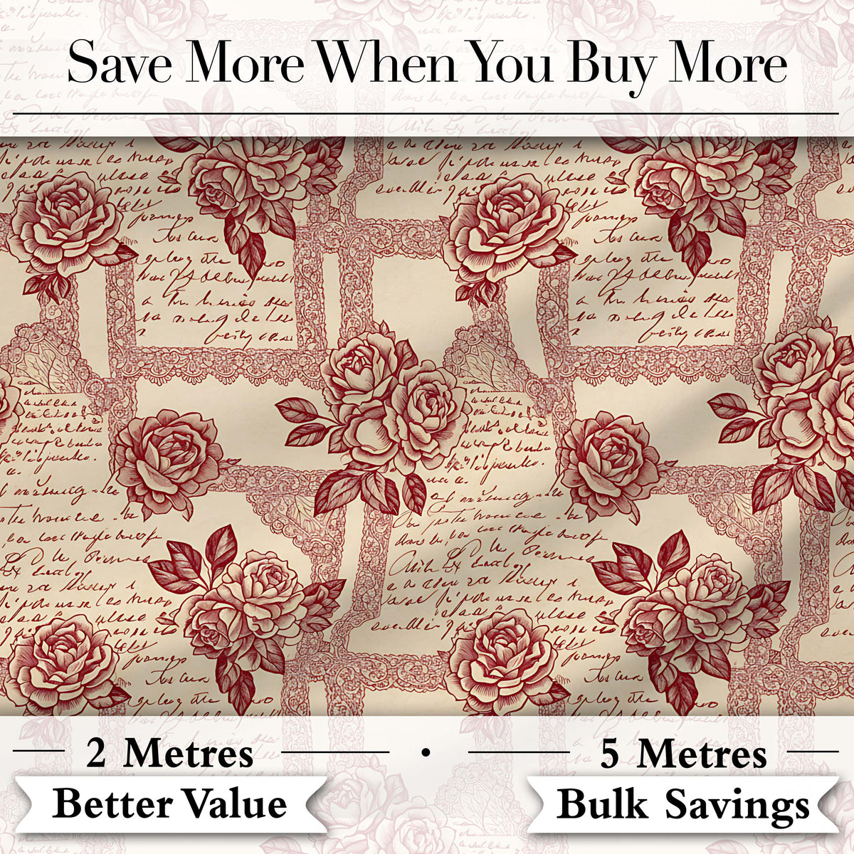 Vintage Rose Script Frame Elegant Seamless Pattern Digital Print Fabric by the Metre UK Sewing Quilting Textile Design