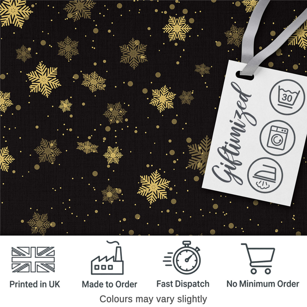 Black Gold Snowflake Elegant Seamless Pattern Digital Print Fabric by the Metre UK Sewing Quilting Textile Design Luxury Festive