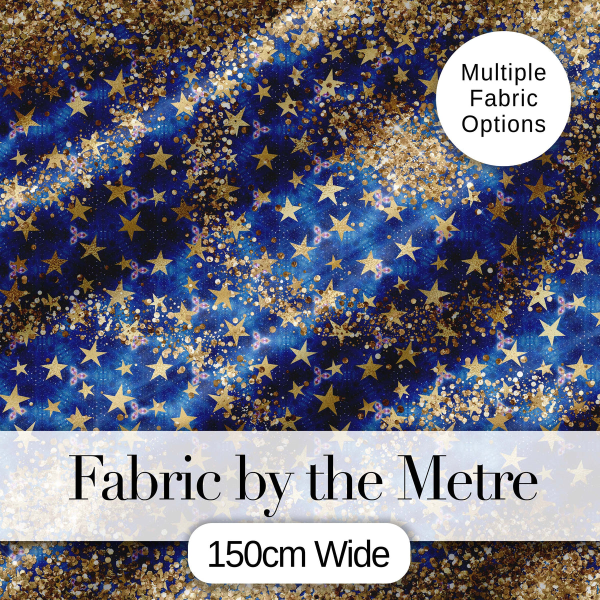 Blue Galaxy Gold Star Glitter Seamless Pattern Digital Print Fabric by the Metre UK Sewing Quilting Textile Design Sparkle
