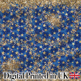 Blue Galaxy Gold Star Glitter Seamless Pattern Digital Print Fabric by the Metre UK Sewing Quilting Textile Design Sparkle