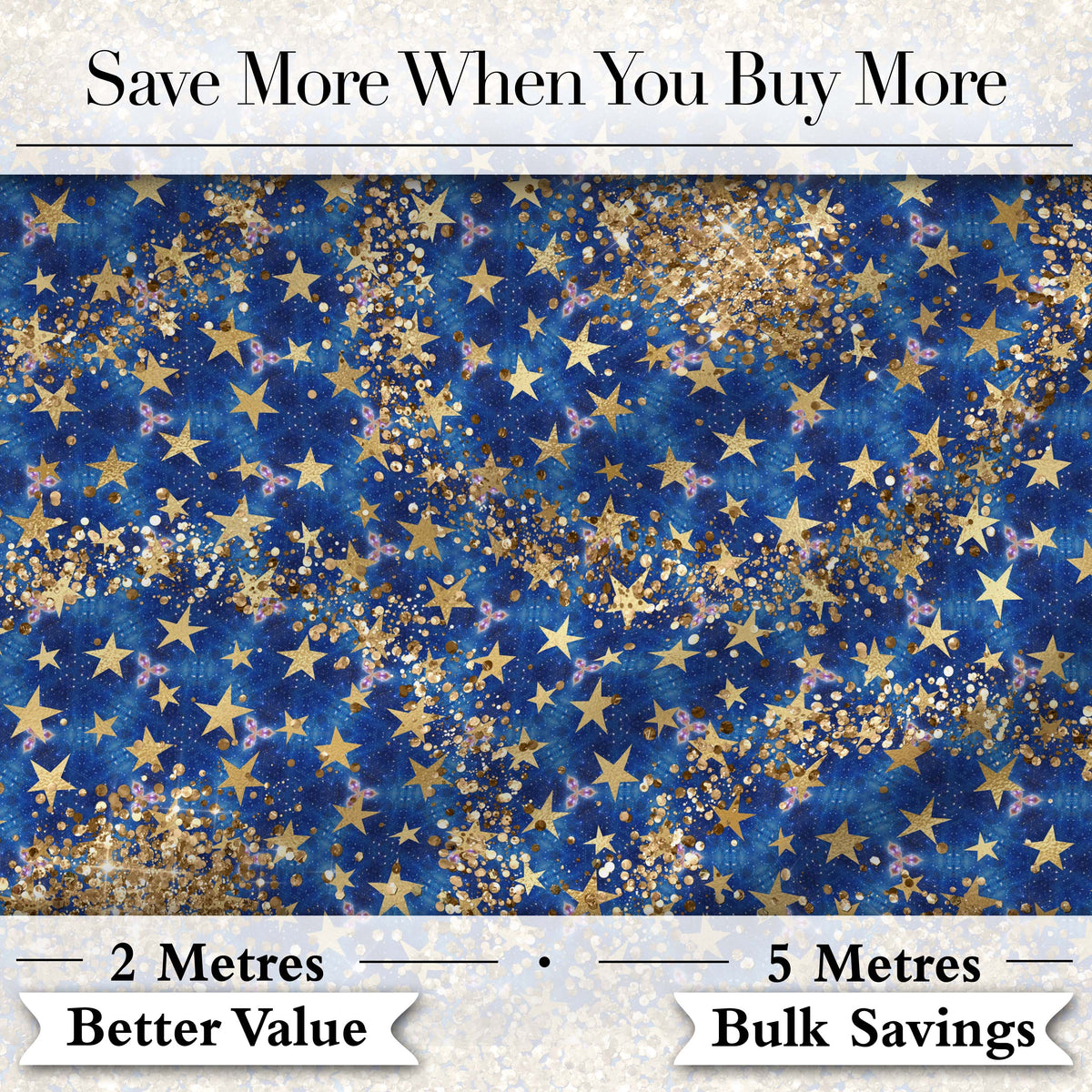 Blue Galaxy Gold Star Glitter Seamless Pattern Digital Print Fabric by the Metre UK Sewing Quilting Textile Design Sparkle