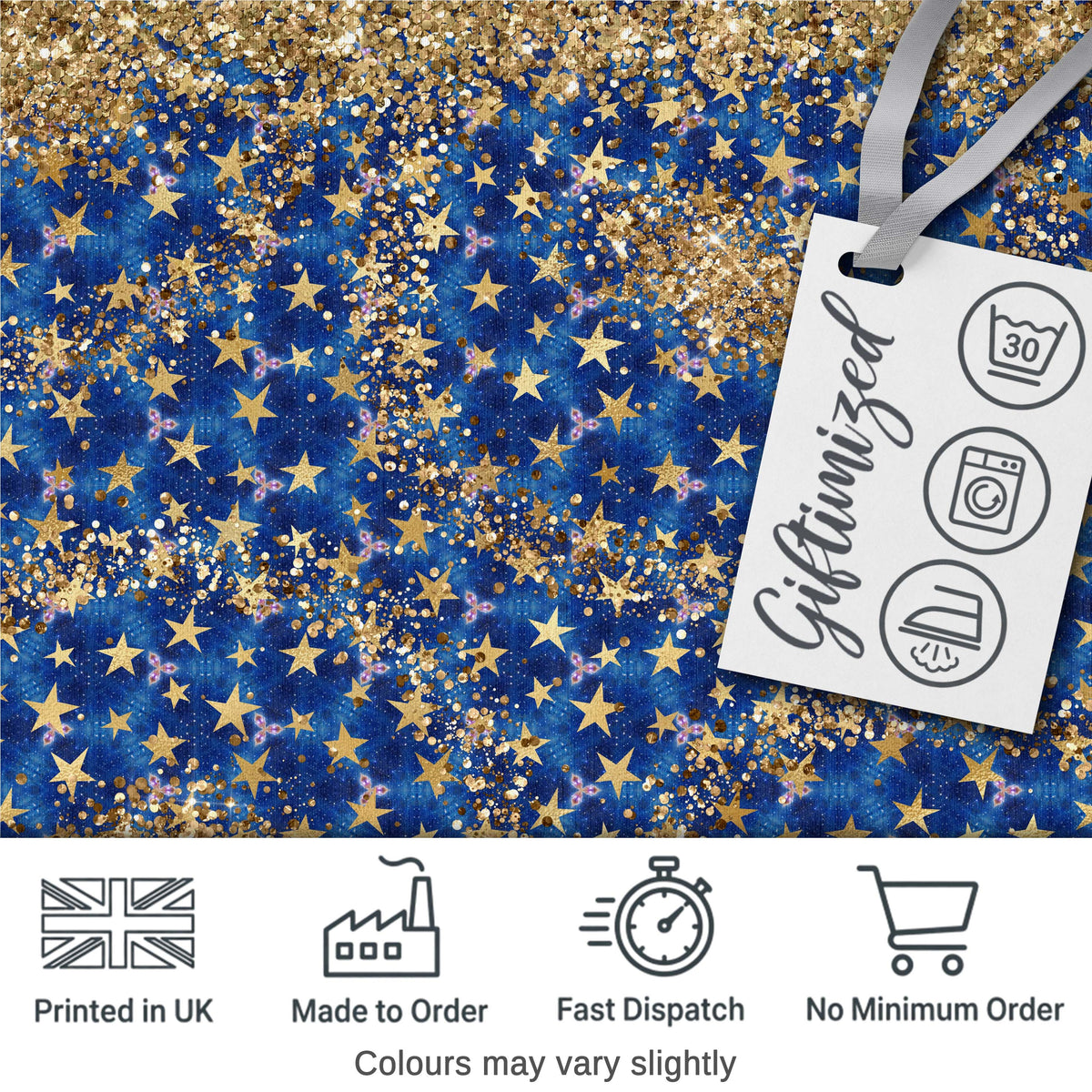 Blue Galaxy Gold Star Glitter Seamless Pattern Digital Print Fabric by the Metre UK Sewing Quilting Textile Design Sparkle