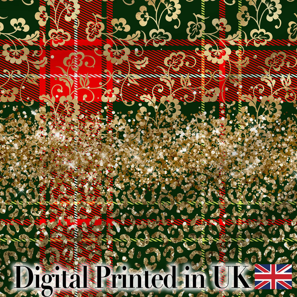 Green Red Tartan Gold Glitter Leopard Seamless Pattern Digital Print Fabric by the Metre UK Sewing Quilting Textile Design Festive