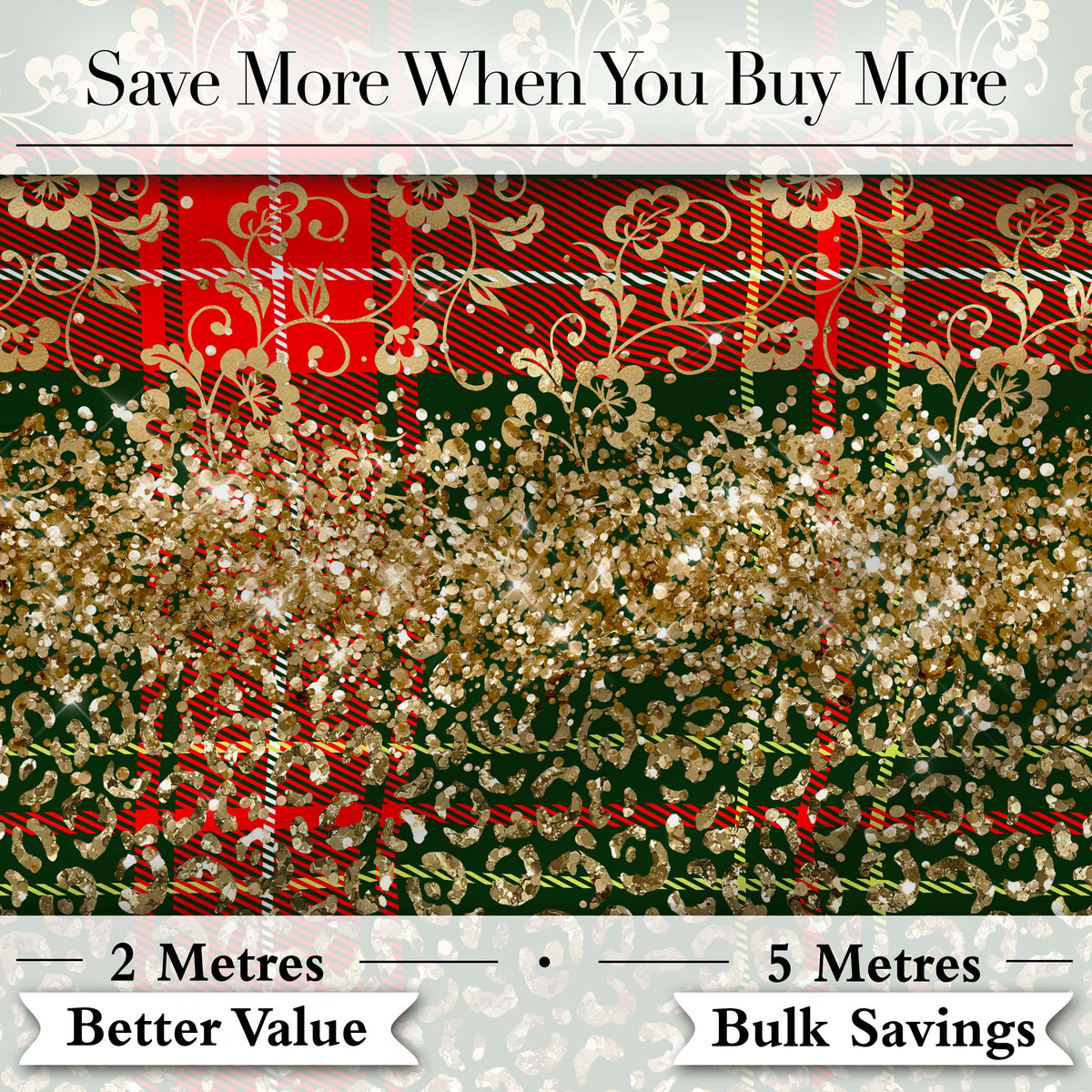 Green Red Tartan Gold Glitter Leopard Seamless Pattern Digital Print Fabric by the Metre UK Sewing Quilting Textile Design Festive