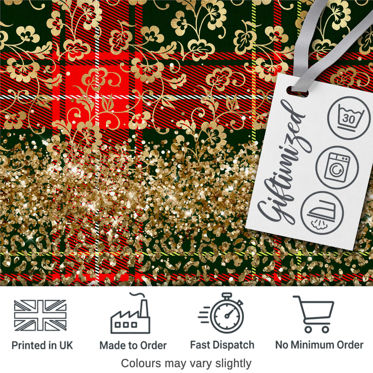 Green Red Tartan Gold Glitter Leopard Seamless Pattern Digital Print Fabric by the Metre UK Sewing Quilting Textile Design Festive