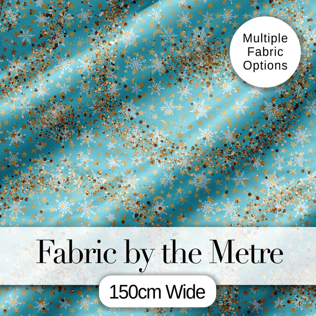 Light Blue Snowflake Gold Star Glitter Seamless Pattern Digital Print Fabric by the Metre UK Sewing Quilting Textile Design Winter