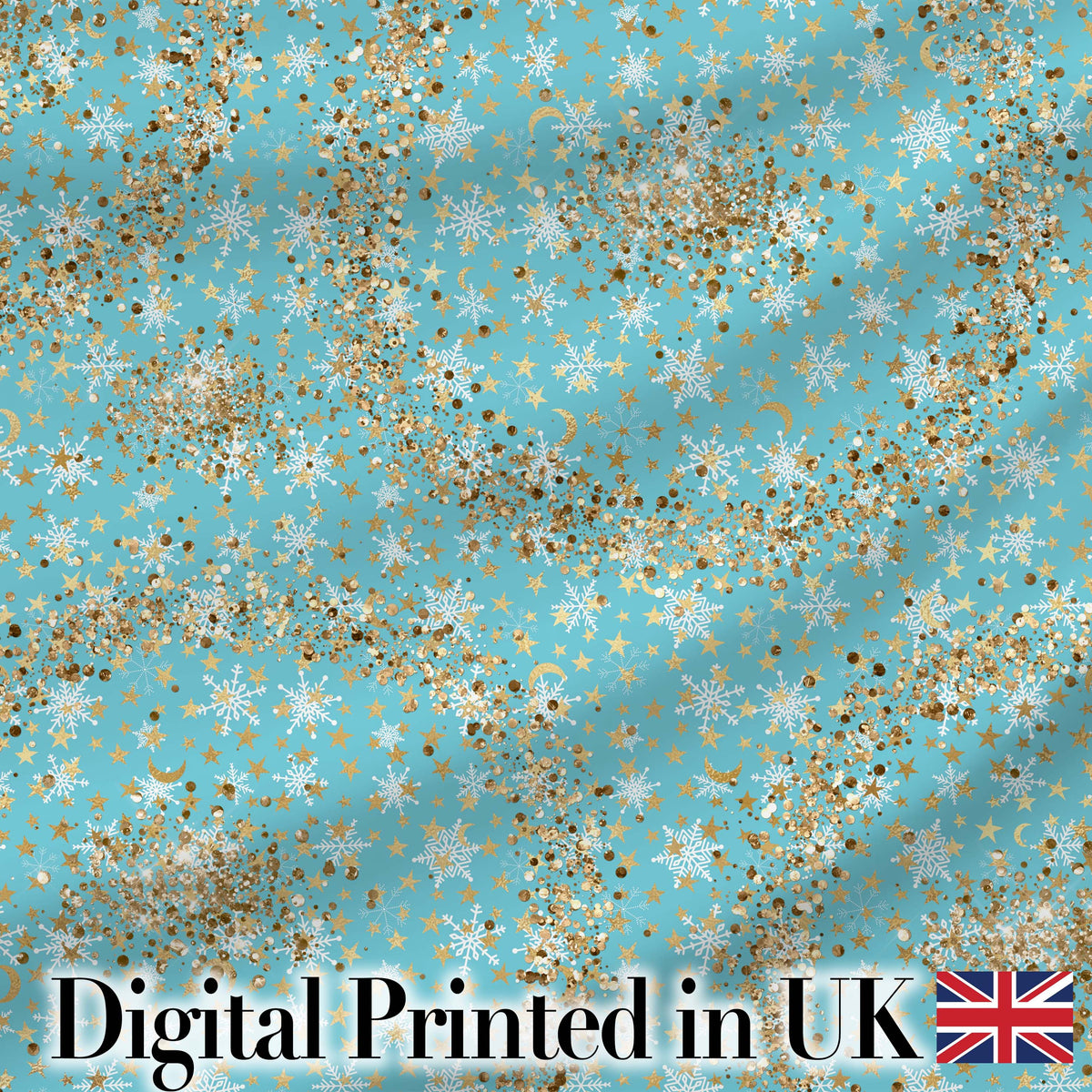 Light Blue Snowflake Gold Star Glitter Seamless Pattern Digital Print Fabric by the Metre UK Sewing Quilting Textile Design Winter