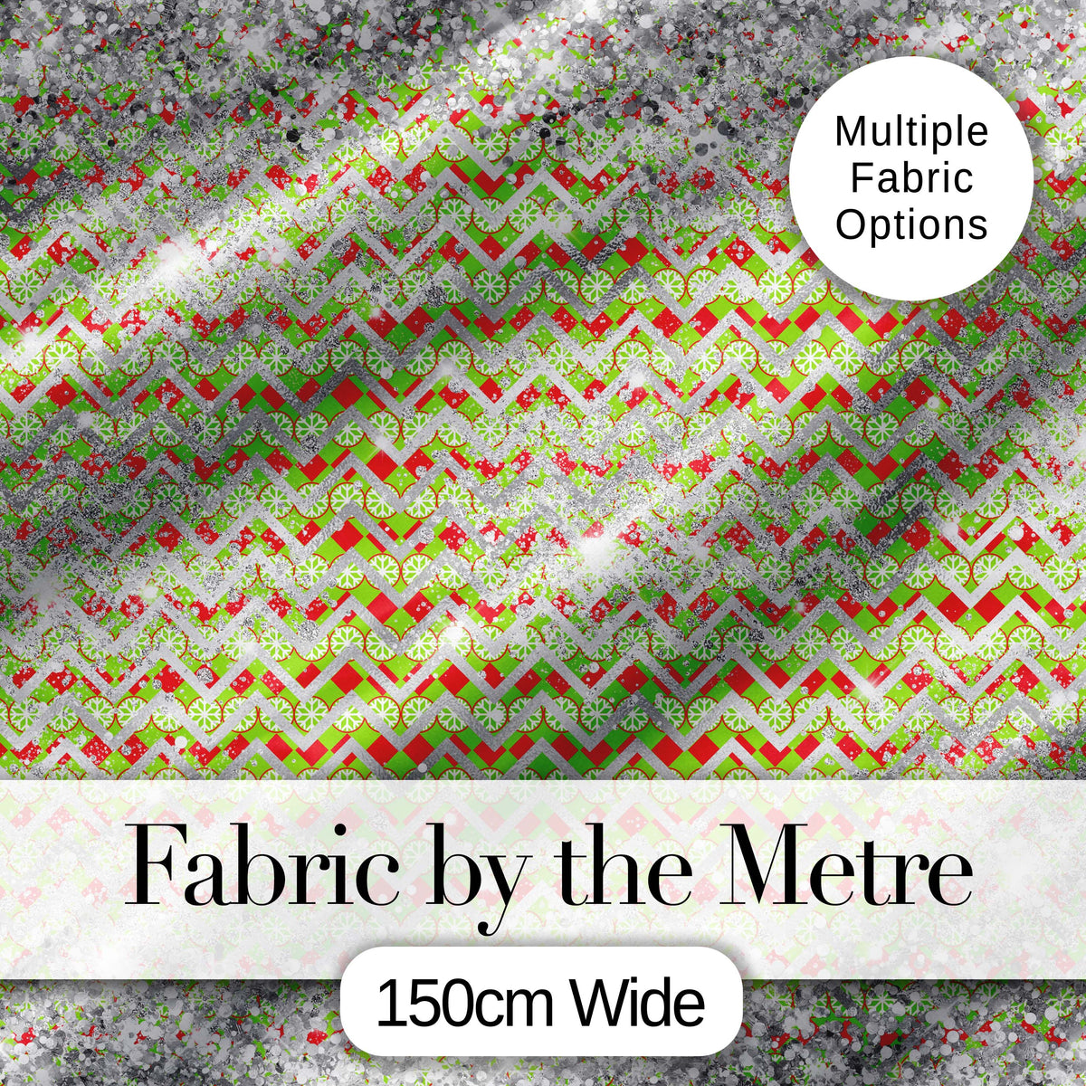 Green Red Chevron Silver Glitter Snow Seamless Pattern Digital Print Fabric by the Metre UK Sewing Quilting Textile Design Winter