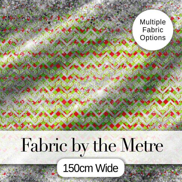 Green Red Chevron Silver Glitter Snow Seamless Pattern Digital Print Fabric by the Metre UK Sewing Quilting Textile Design Winter