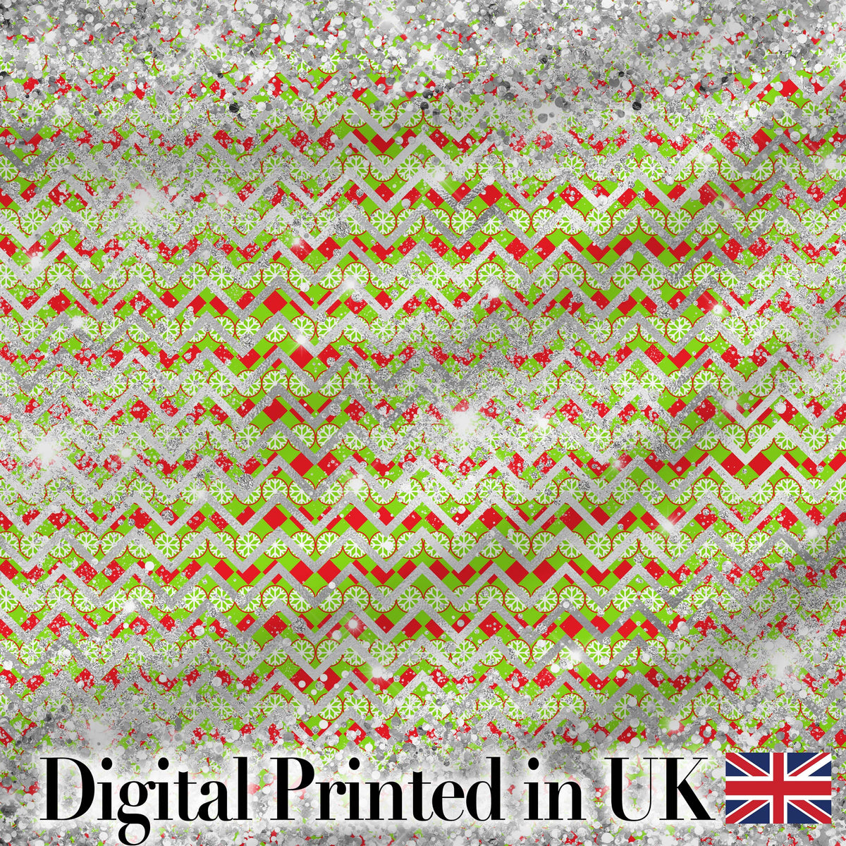 Green Red Chevron Silver Glitter Snow Seamless Pattern Digital Print Fabric by the Metre UK Sewing Quilting Textile Design Winter