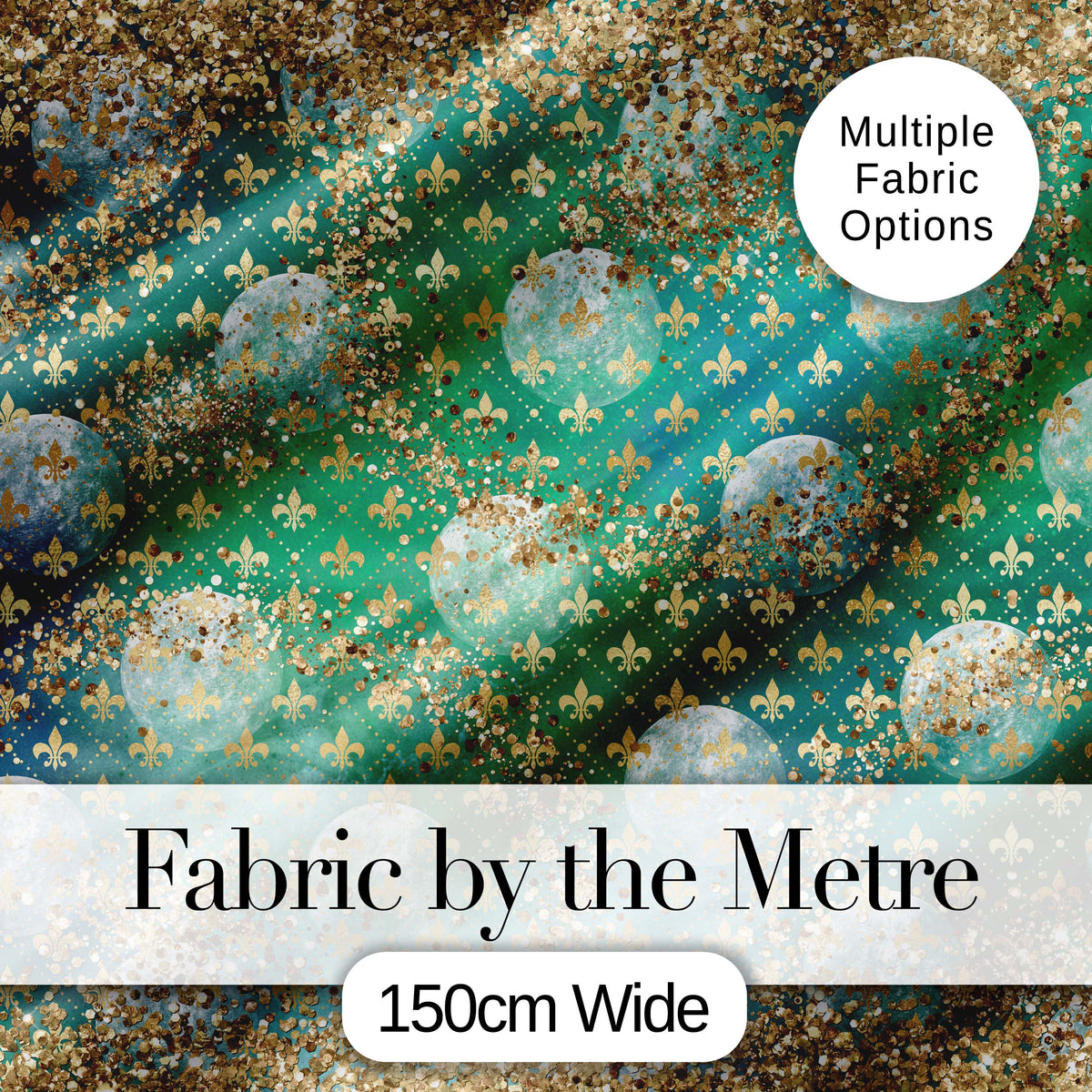 Teal Gold Fleur De Lis Ornament Seamless Pattern Digital Print Fabric by the Metre UK Sewing Quilting Textile Design Elegant Luxe