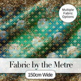 Teal Gold Fleur De Lis Ornament Seamless Pattern Digital Print Fabric by the Metre UK Sewing Quilting Textile Design Elegant Luxe
