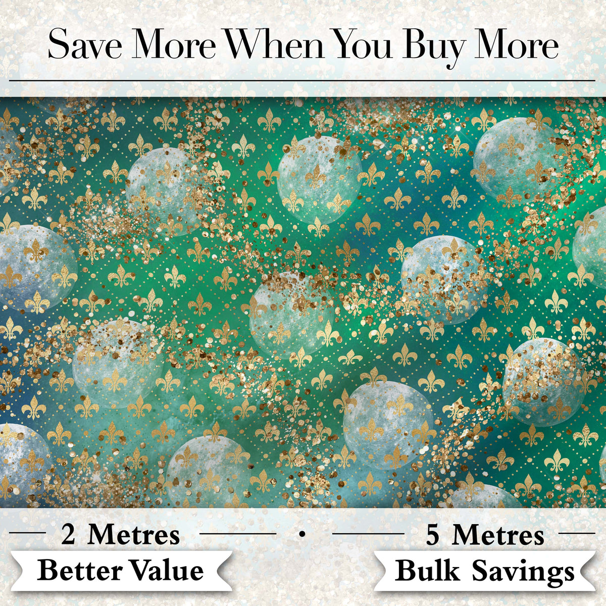 Teal Gold Fleur De Lis Ornament Seamless Pattern Digital Print Fabric by the Metre UK Sewing Quilting Textile Design Elegant Luxe