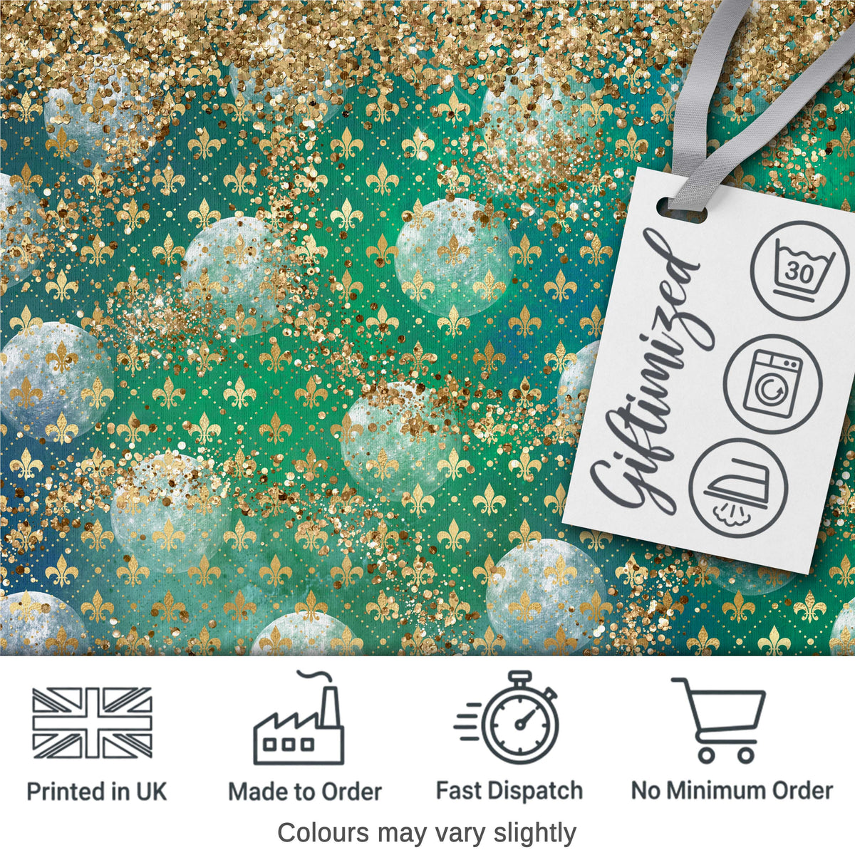 Teal Gold Fleur De Lis Ornament Seamless Pattern Digital Print Fabric by the Metre UK Sewing Quilting Textile Design Elegant Luxe