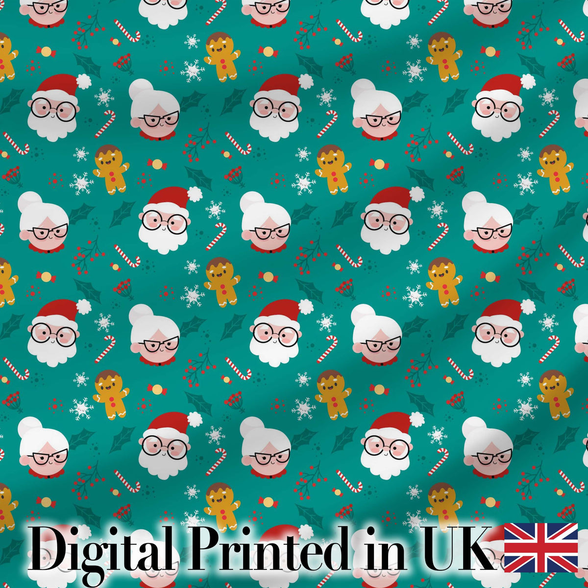 Cute Santa Mrs Claus Gingerbread Seamless Pattern Digital Print Fabric by the Metre UK Sewing Quilting Textile Design Festive Kids