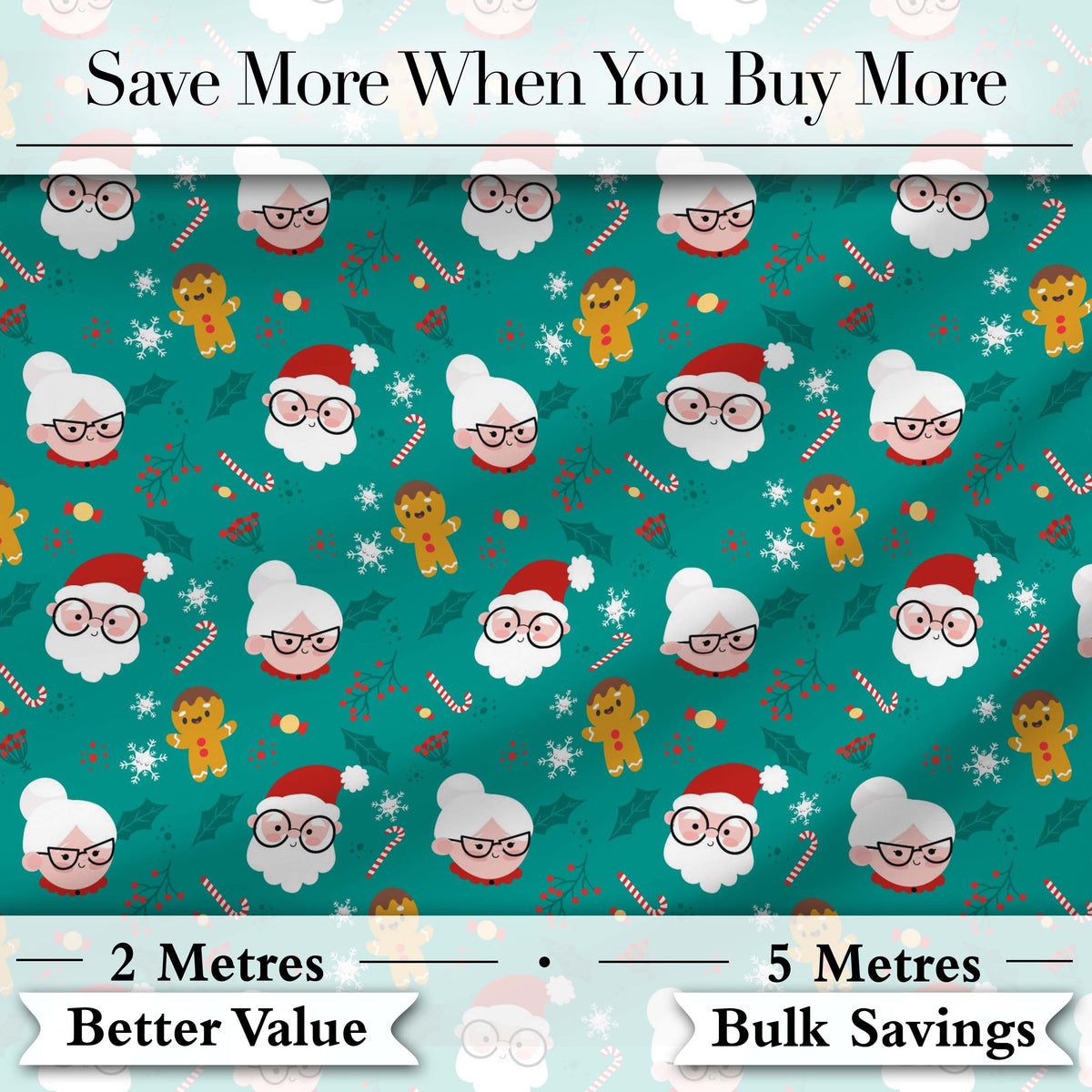 Cute Santa Mrs Claus Gingerbread Seamless Pattern Digital Print Fabric by the Metre UK Sewing Quilting Textile Design Festive Kids