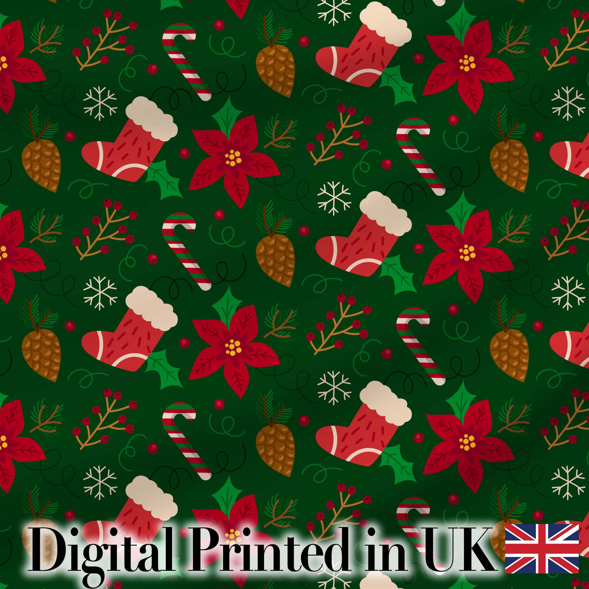 Christmas Stocking Candy Cane Poinsettia Seamless Pattern Digital Print Fabric by the Metre UK Sewing Quilting Textile Design Festive