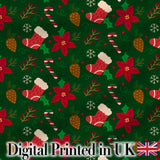 Christmas Stocking Candy Cane Poinsettia Seamless Pattern Digital Print Fabric by the Metre UK Sewing Quilting Textile Design Festive