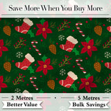Christmas Stocking Candy Cane Poinsettia Seamless Pattern Digital Print Fabric by the Metre UK Sewing Quilting Textile Design Festive