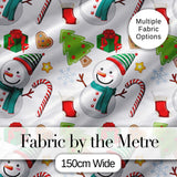 Cute Snowman Candy Cane Gift Tree Seamless Pattern Digital Print Fabric by the Metre UK Sewing Quilting Textile Festive Winter Design