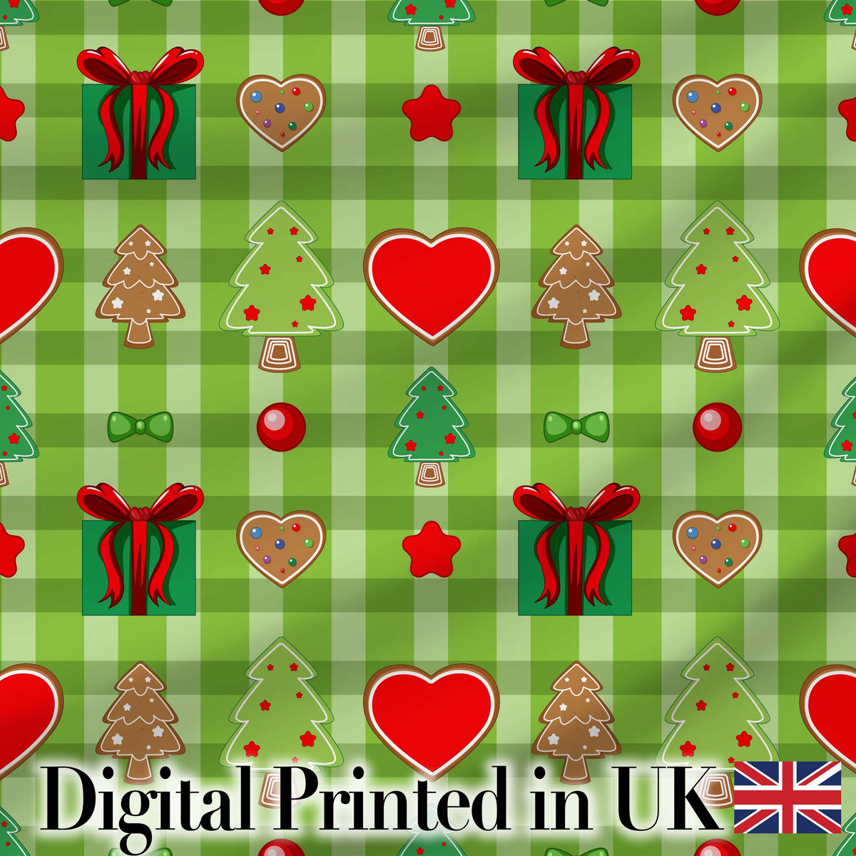 Cute Christmas Tree Gift Heart Plaid Seamless Pattern Digital Print Fabric by the Metre UK Sewing Quilting Textile Festive Holiday Design