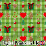 Cute Christmas Tree Gift Heart Plaid Seamless Pattern Digital Print Fabric by the Metre UK Sewing Quilting Textile Festive Holiday Design