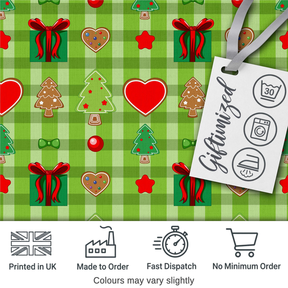 Cute Christmas Tree Gift Heart Plaid Seamless Pattern Digital Print Fabric by the Metre UK Sewing Quilting Textile Festive Holiday Design